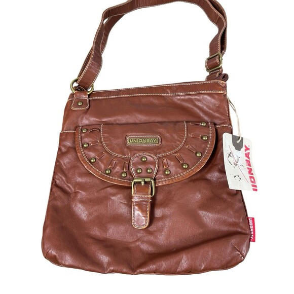 Unionbay Crossbody Bag Cognac Brown Faux Leather Studded Buckle Purse NWT - Picture 4 of 13